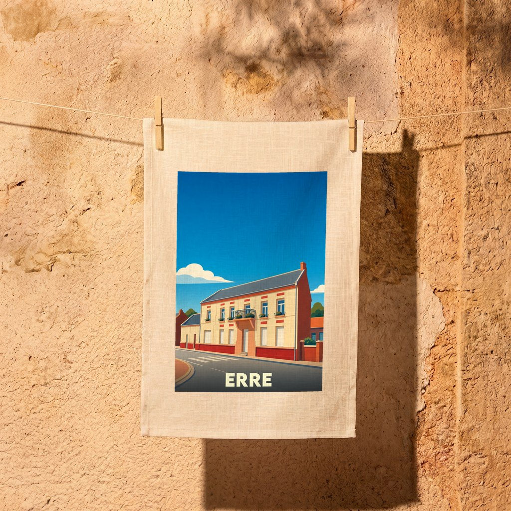 Torchon souvenir de la ville de Erre avec une illustration stylisée de son architecture.