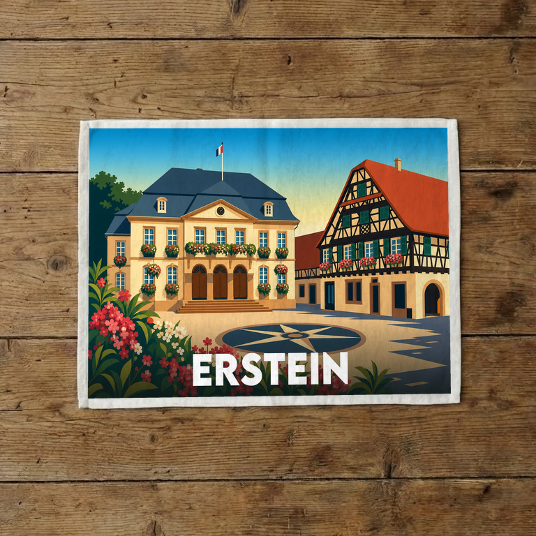 Torchon souvenir de la ville de Erstein avec une illustration stylisée de son hôtel de ville.