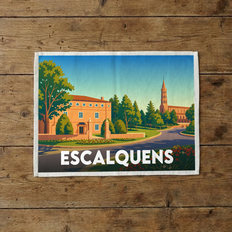 Torchon souvenir de la ville de Escalquens avec une illustration colorée et stylisée de son paysage urbain.