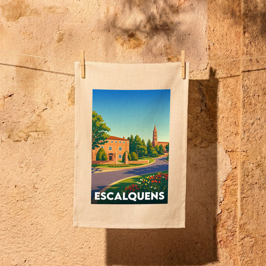 Torchon souvenir de la ville de Escalquens avec une illustration colorée et stylisée de son paysage urbain.