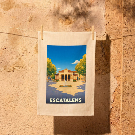 Torchon souvenir de la ville d'Escatalens avec une illustration stylisée d'une place ensoleillée.