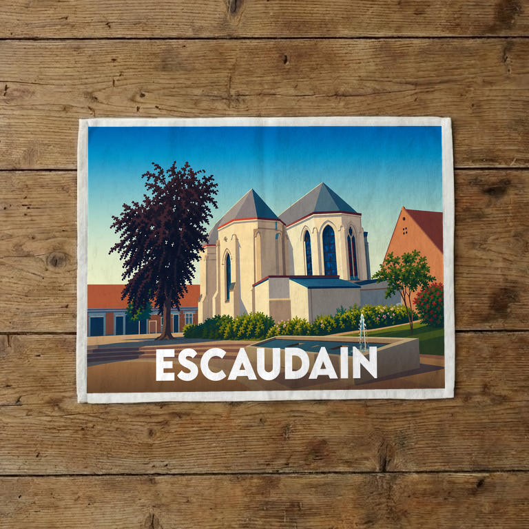 Torchon souvenir de la ville d'Escaudain avec une illustration stylisée d'une église et d'une place.