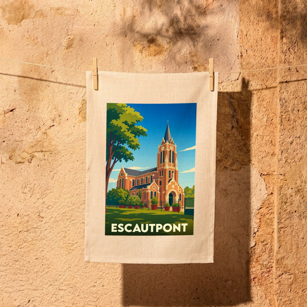 Torchon souvenir de la ville d'Escautpont avec une illustration stylisée de son église.