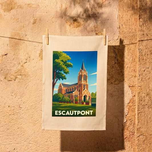 Torchon souvenir de la ville d'Escautpont avec une illustration stylisée de son église en briques.