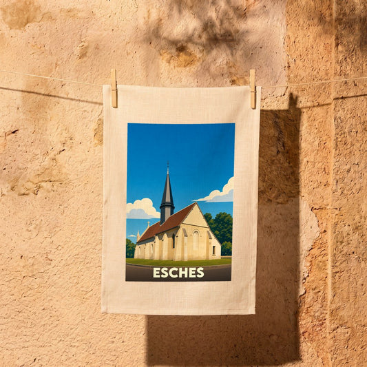 Torchon souvenir de la ville de Esches avec une illustration stylisée de son église sous un ciel bleu.