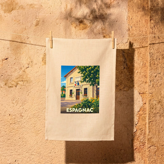 Torchon souvenir de la ville d'Espagnac avec une illustration stylisée d'un bâtiment typique.