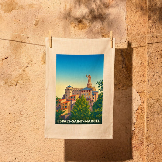 Torchon souvenir de la ville de Espaly-Saint-Marcel avec une illustration stylisée.