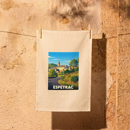 Torchon souvenir de la ville d'Espeyrac avec une illustration stylisée.