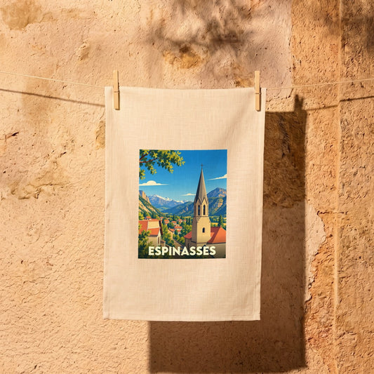 Torchon souvenir de la ville d'Espinasses illustré d'un paysage de montagne stylisé.