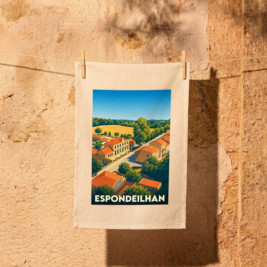 Torchon souvenir de la ville de Espondeilhan avec une illustration stylisée de ses paysages et habitations.