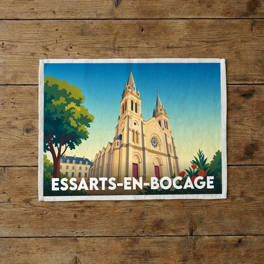 Torchon souvenir de la ville d'Essarts-en-Bocage avec une illustration stylisée de son église.