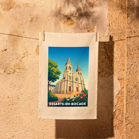 Torchon souvenir de la ville d'Essarts-en-Bocage avec une illustration stylisée de son église.