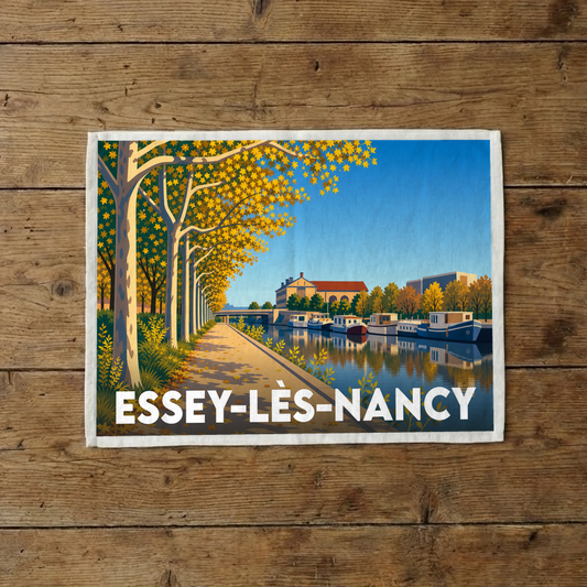 Torchon souvenir de la ville d'Essey-lès-Nancy avec une illustration stylisée d'un canal bordé d'arbres en automne.