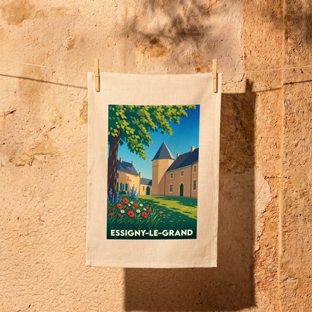 Torchon souvenir de la ville d'Essigny-le-Grand avec une illustration stylisée d'un paysage urbain fleuri.