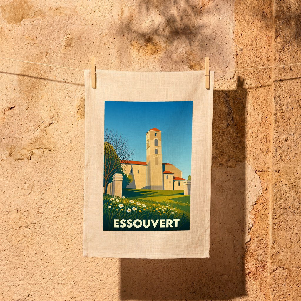 Torchon souvenir de la ville d'Essouvert avec une illustration stylisée de son église.