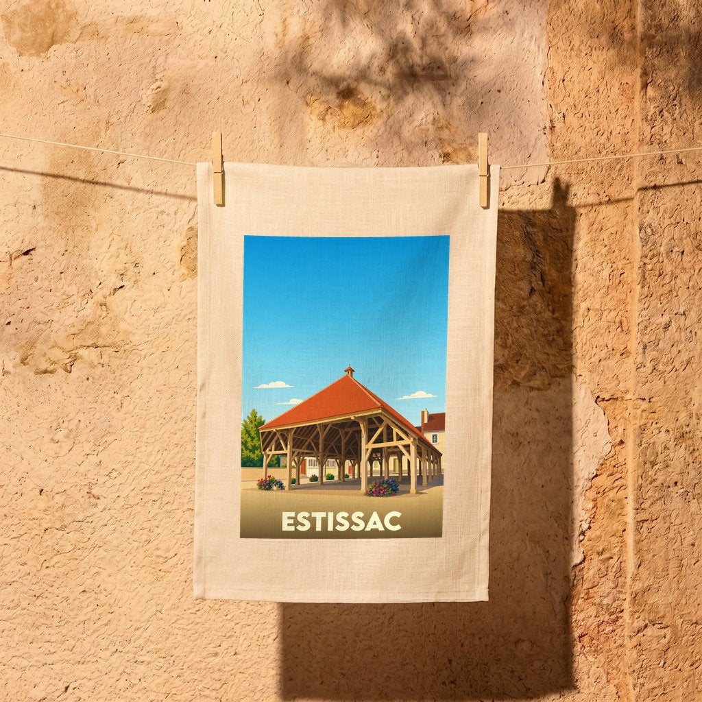 Torchon souvenir de la ville d'Estissac avec une illustration stylisée de sa halle traditionnelle.