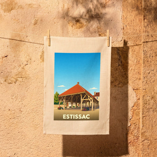 Torchon souvenir de la ville d'Estissac avec une illustration stylisée de sa halle traditionnelle.