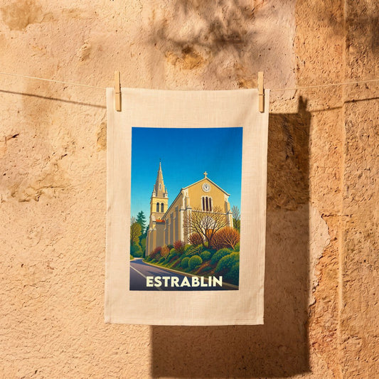 Torchon souvenir de la ville d'Estrablin avec une illustration stylisée de son église.