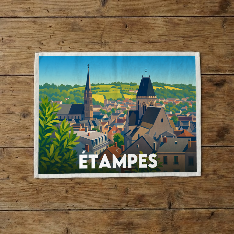 Torchon souvenir de la ville d'Étampes avec une illustration stylisée de son paysage urbain et de ses clochers.