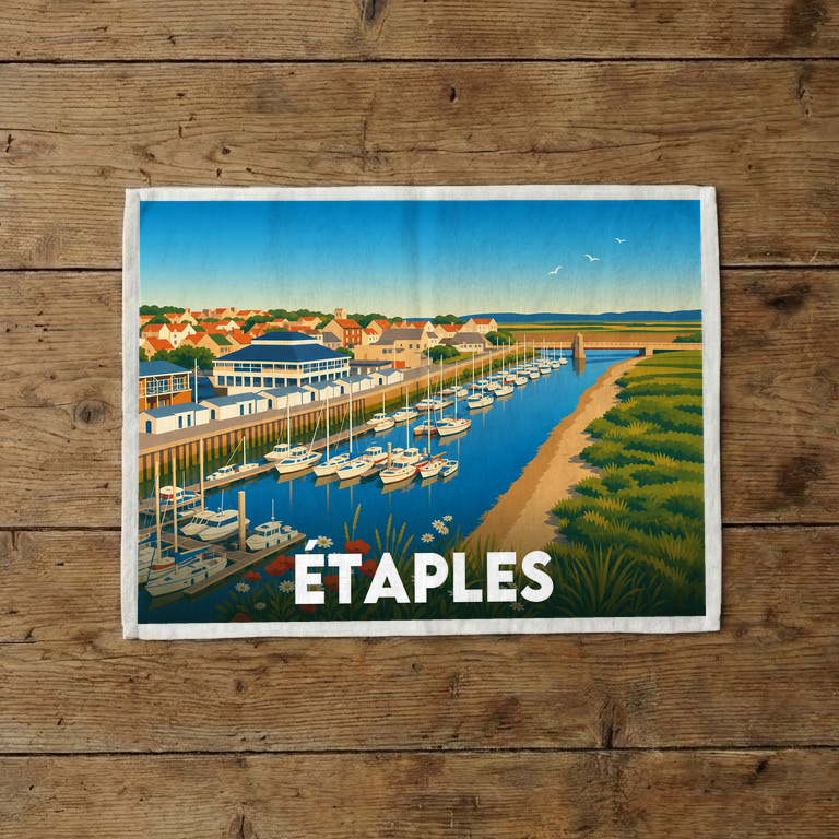 Torchon souvenir de la ville d'Étaples avec une illustration stylisée de son port.
