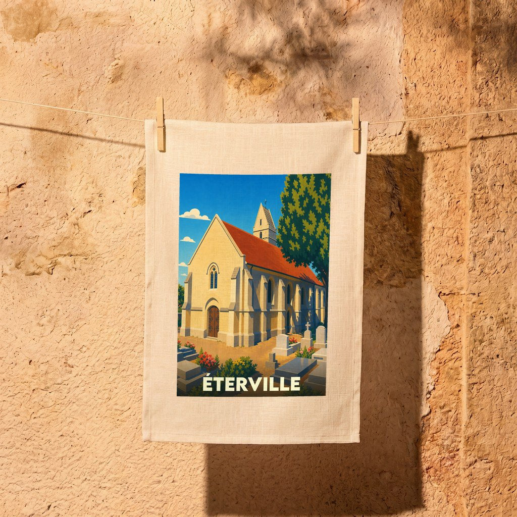 Torchon souvenir de la ville d'Éterville avec une illustration stylisée de son église et de son cimetière.
