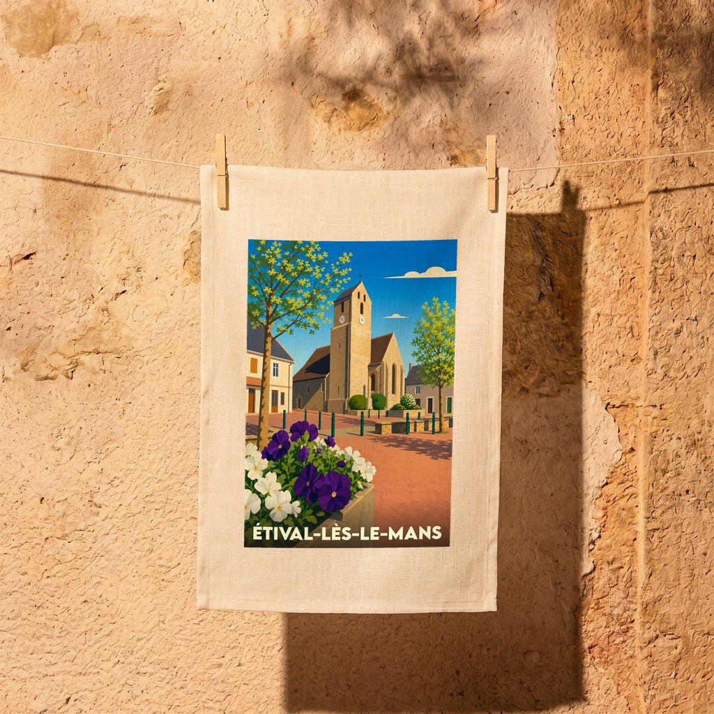 Torchon souvenir de la ville d'Étival-lès-le-Mans avec une illustration stylisée de son église.