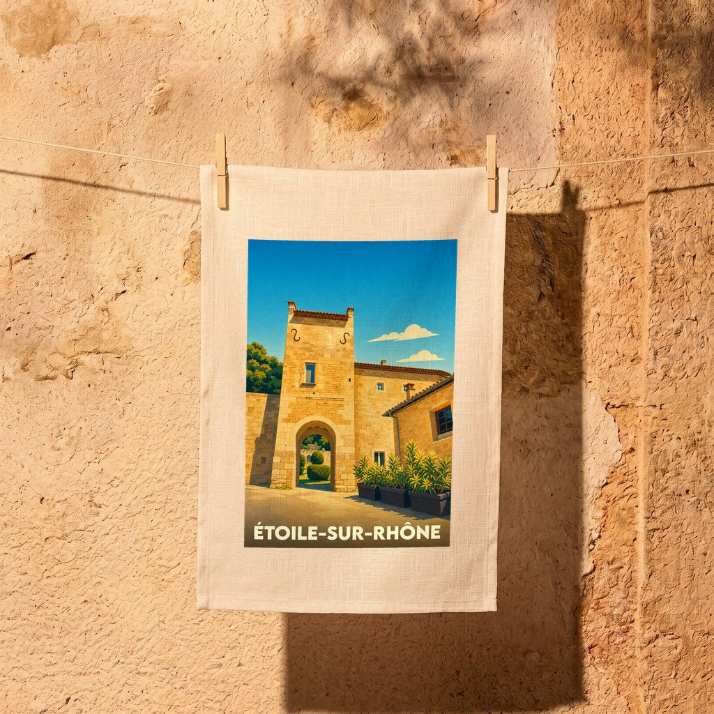 Torchon souvenir de la ville d'Étoile-sur-Rhône avec une illustration stylisée d'une porte médiévale.