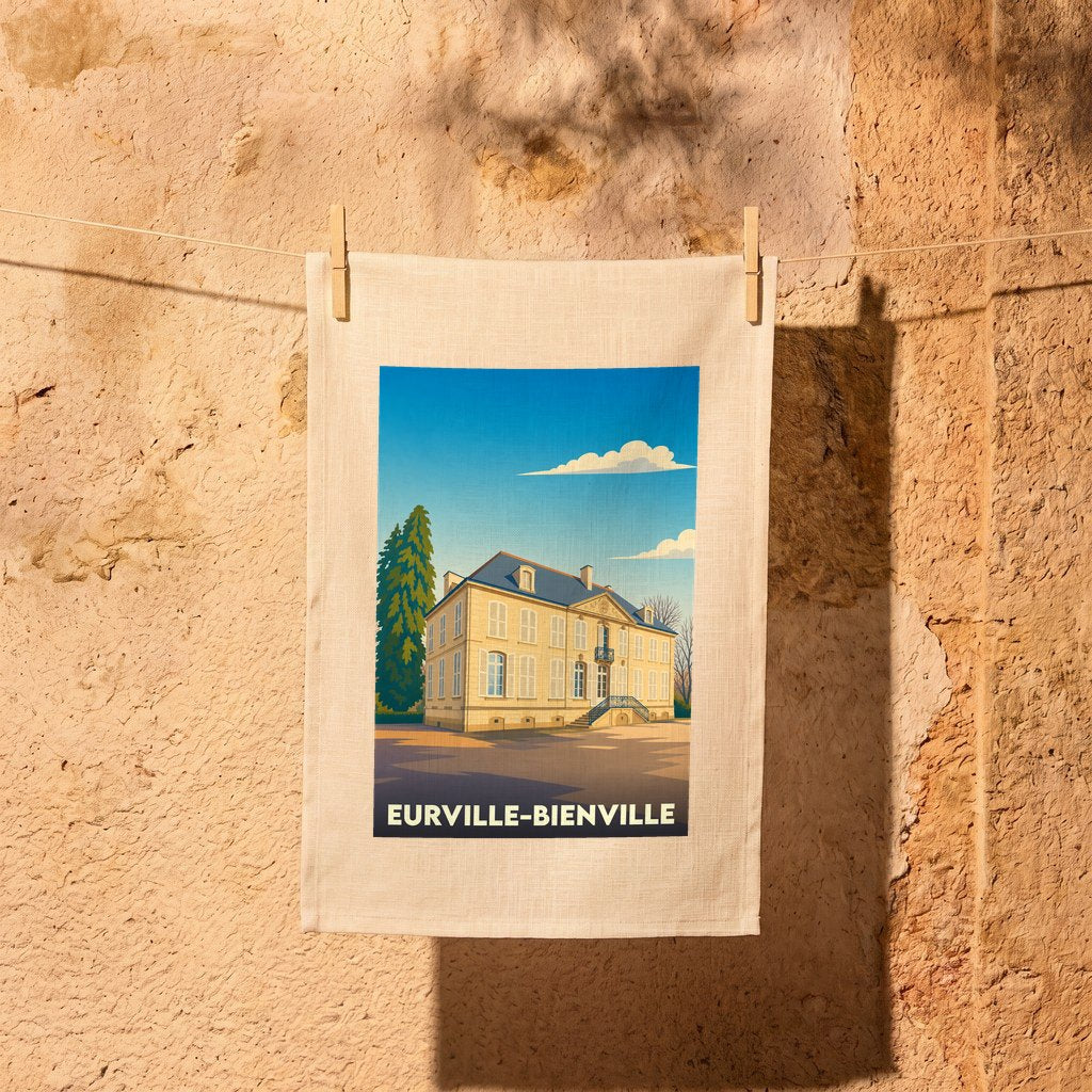 Torchon souvenir de la ville de Eurville-Bienville avec une illustration stylisée d'un château.