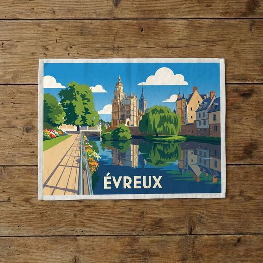 Torchon souvenir de la ville d'Évreux avec une illustration stylisée.