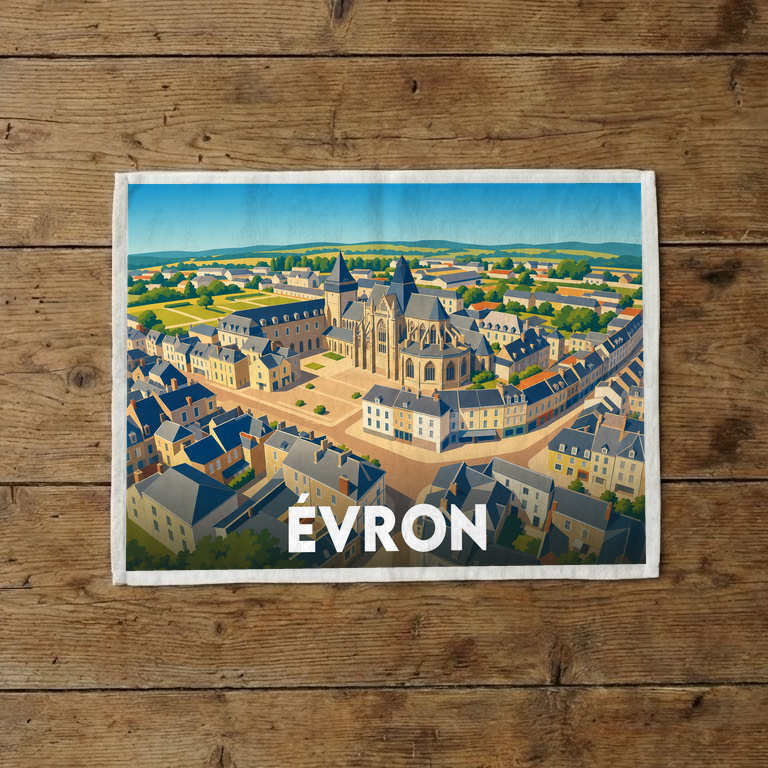 Torchon souvenir de la ville d'Évron avec une illustration stylisée du centre-ville et de son abbaye.