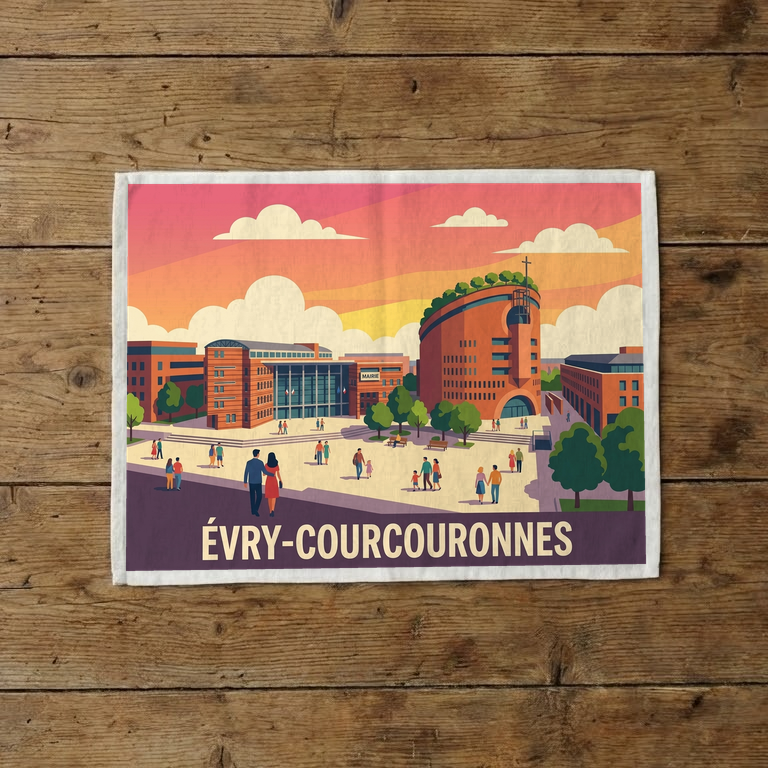 Torchon souvenir de la ville d'Évry-Courcouronnes avec une illustration stylisée de ses monuments et de sa place centrale.