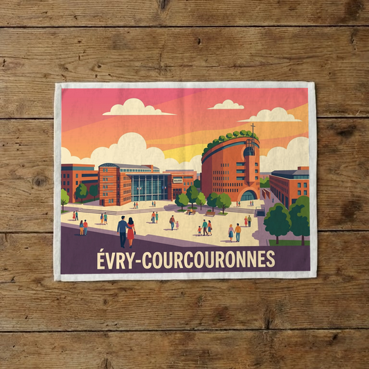 Torchon souvenir de la ville d'Évry-Courcouronnes avec une illustration stylisée de ses monuments et de sa place centrale.