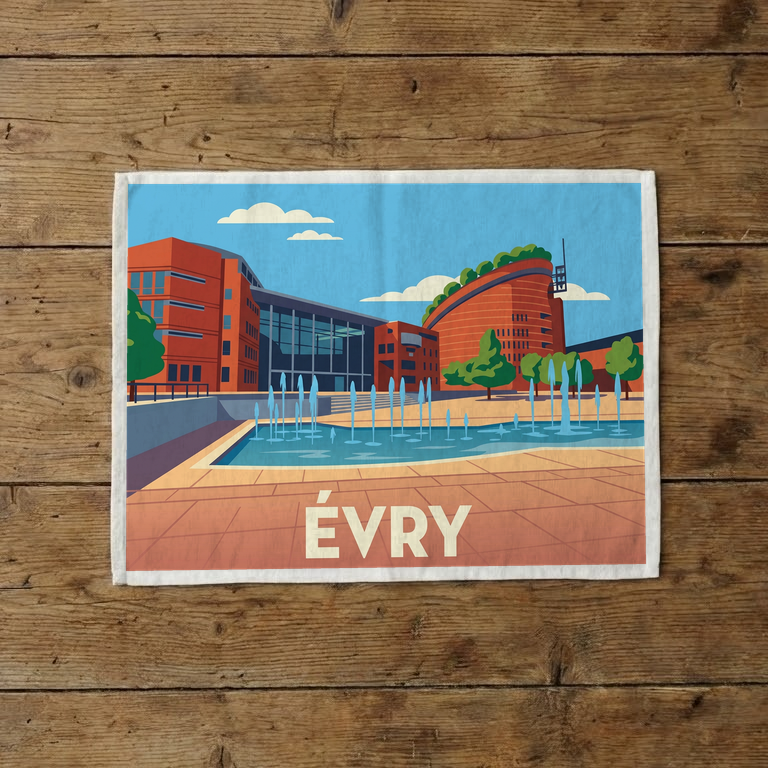 Torchon souvenir de la ville de Évry avec une illustration stylisée de son architecture et d'une fontaine.