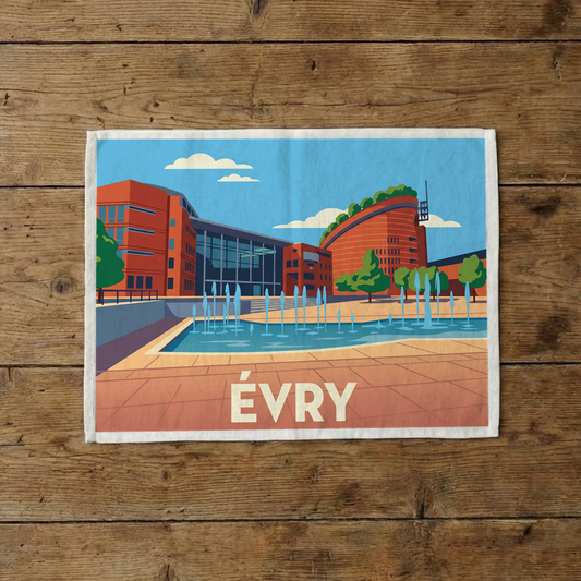 Torchon souvenir de la ville de Évry avec une illustration stylisée de son architecture et d'une fontaine.