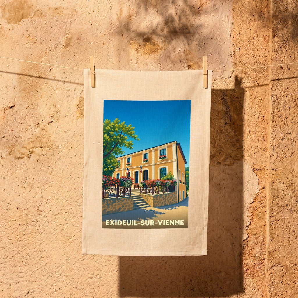 Torchon souvenir de la ville d'Exideuil-sur-Vienne avec une illustration stylisée et colorée.
