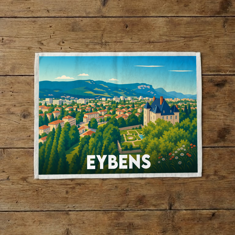 Torchon souvenir de la ville de Eybens avec une illustration stylisée.