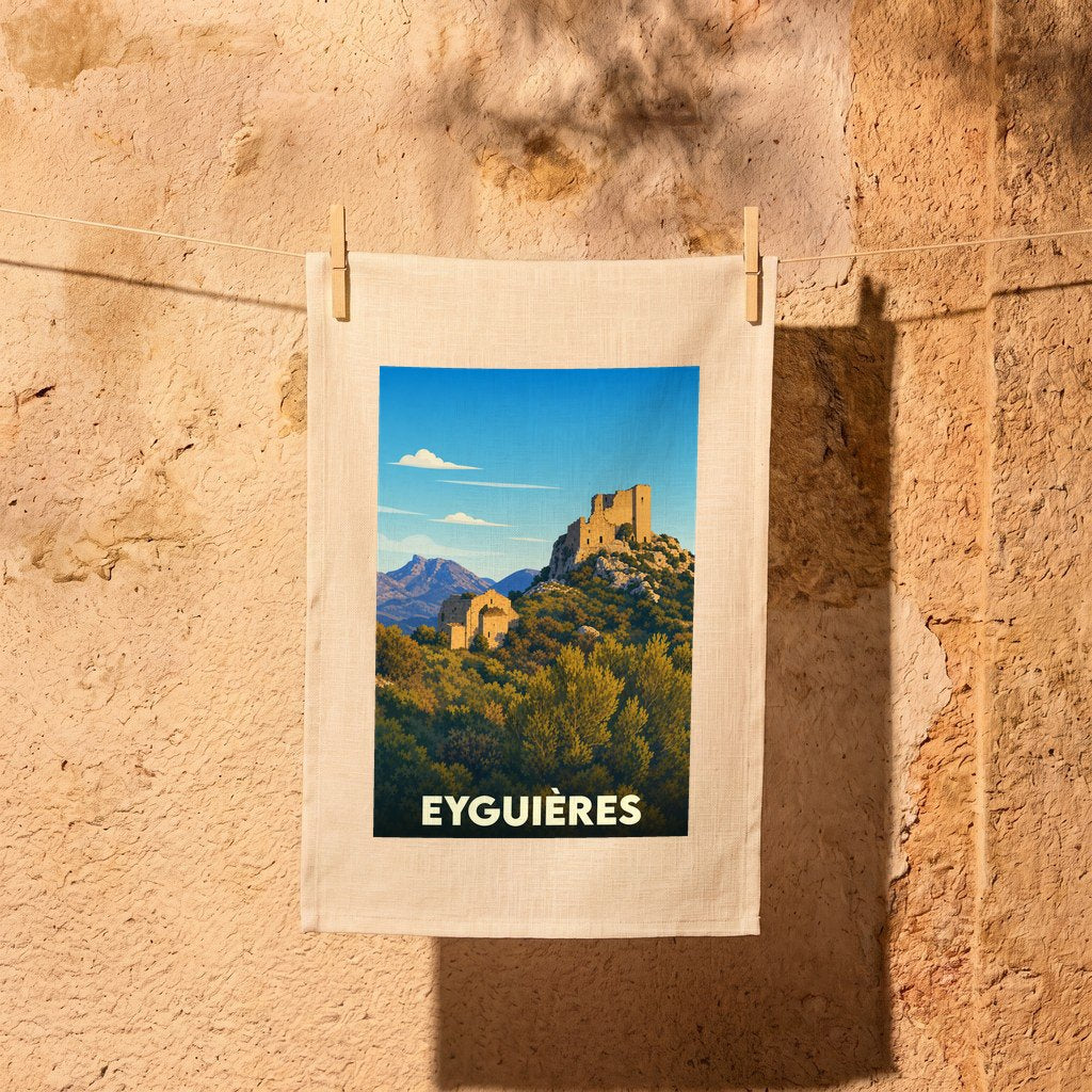 Torchon souvenir de la ville d'Eyguières illustré d'un paysage provençal stylisé avec ses ruines médiévales.