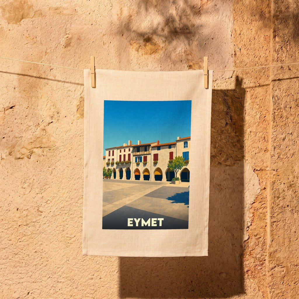 Torchon souvenir de la ville d'Eymet illustré par une vue stylisée de sa place centrale à arcades.