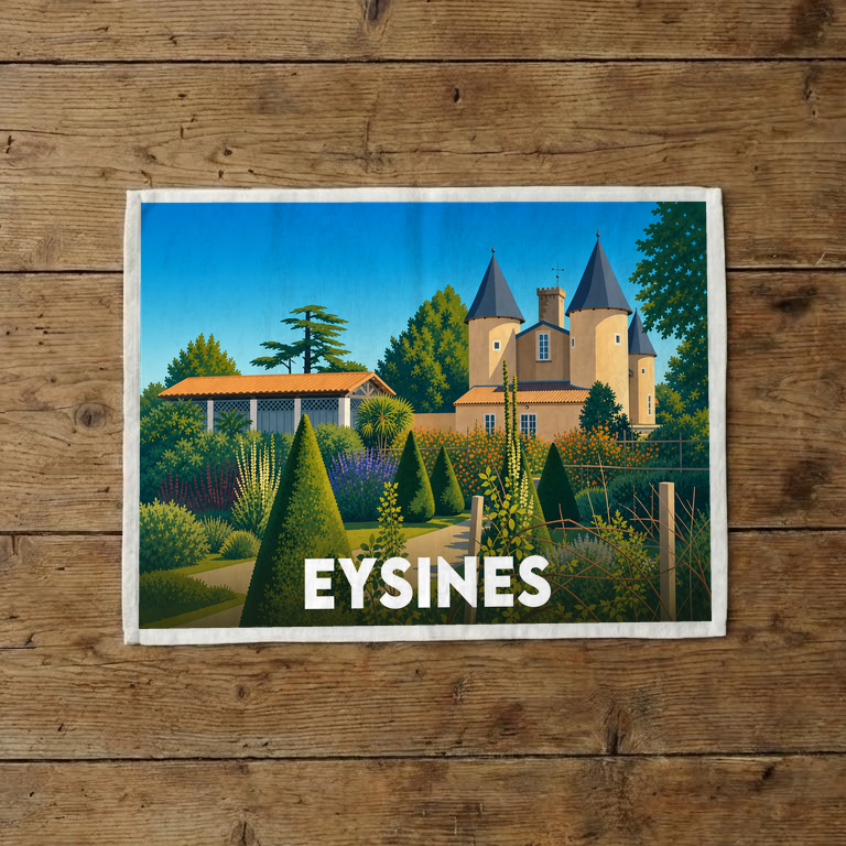 Torchon souvenir de la ville d'Eysines avec une illustration stylisée d'un château et de jardins.