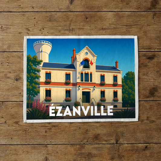 Torchon souvenir de la ville d'Ézanville avec une illustration stylisée de sa mairie.