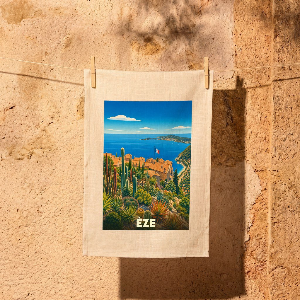 Torchon souvenir de la ville d'Èze avec une illustration stylisée de son jardin exotique surplombant la mer Méditerranée.