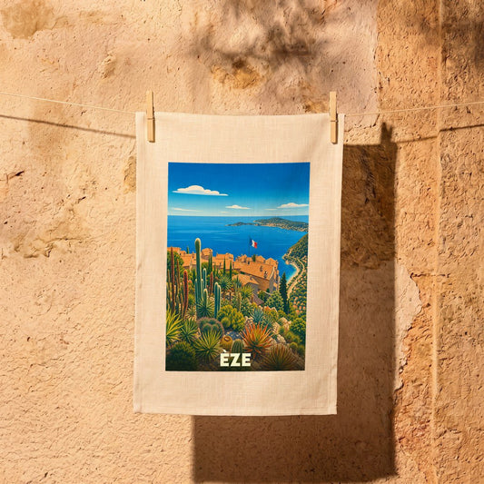Torchon souvenir de la ville d'Èze avec une illustration stylisée de son jardin exotique surplombant la mer Méditerranée.