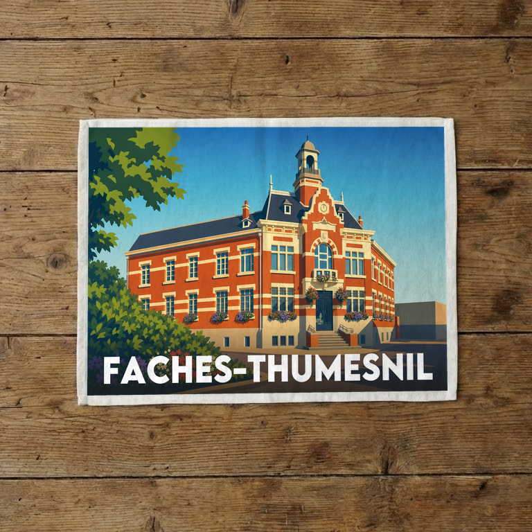 Torchon souvenir de la ville de Faches-Thumesnil avec une illustration stylisée de son hôtel de ville.