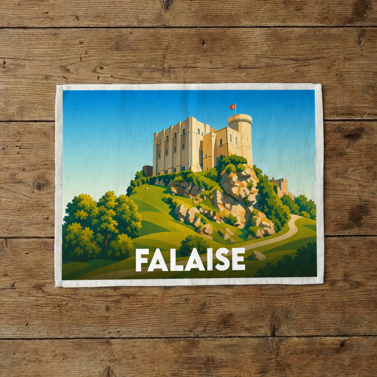 Torchon souvenir de la ville de Falaise illustrant son château médiéval sur un éperon rocheux.