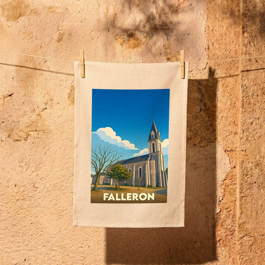 Torchon souvenir de la ville de Falleron illustré d'une église sous un ciel bleu.