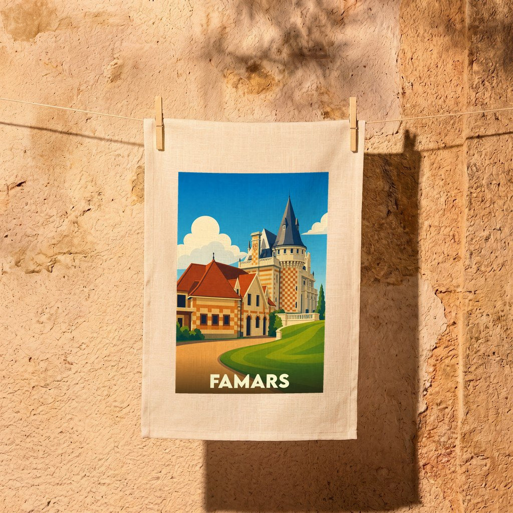 Torchon souvenir de la ville de Famars avec une illustration stylisée de son patrimoine.