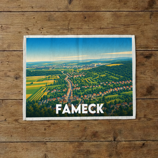 Torchon souvenir de la ville de Fameck avec une illustration stylisée.