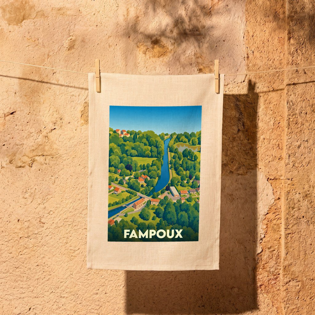 Torchon souvenir de la ville de Fampoux orné d'une illustration paysagère colorée et stylisée.