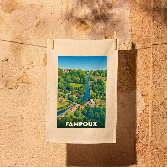 Torchon souvenir de la ville de Fampoux orné d'une illustration paysagère colorée et stylisée.
