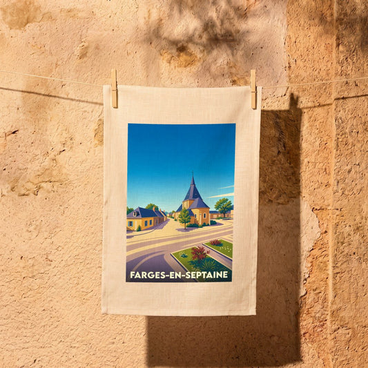 Torchon souvenir de la ville de Farges-en-Septaine avec une illustration stylisée.